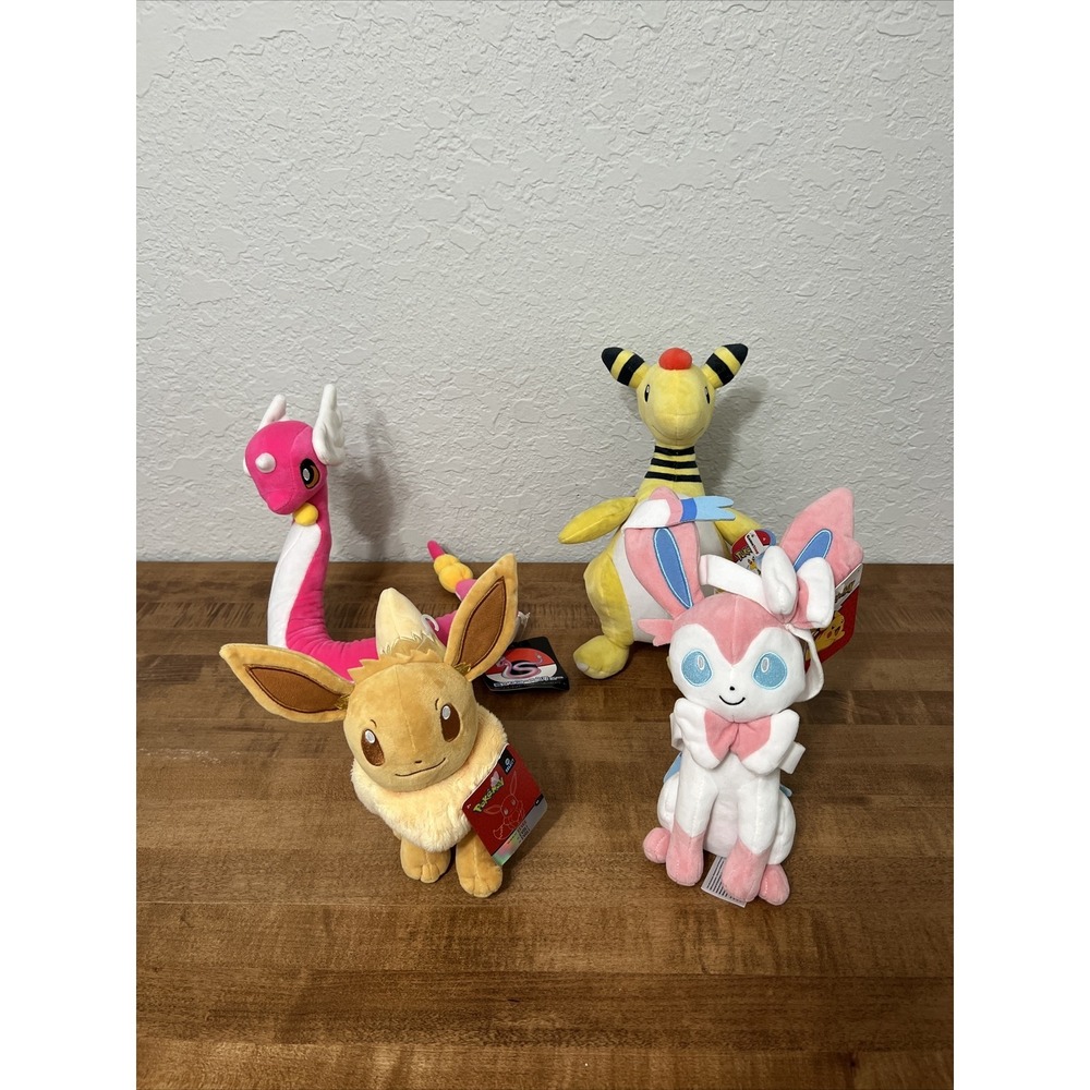 Pokemon Plush Stuffed Lot Eevee, Sylveon, Ampharos & Dragonair - NEW WITH TAGS!